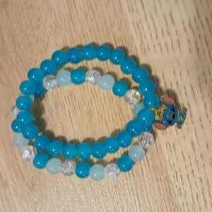Beaded Bracelet Set with Charm - Teal and Gold